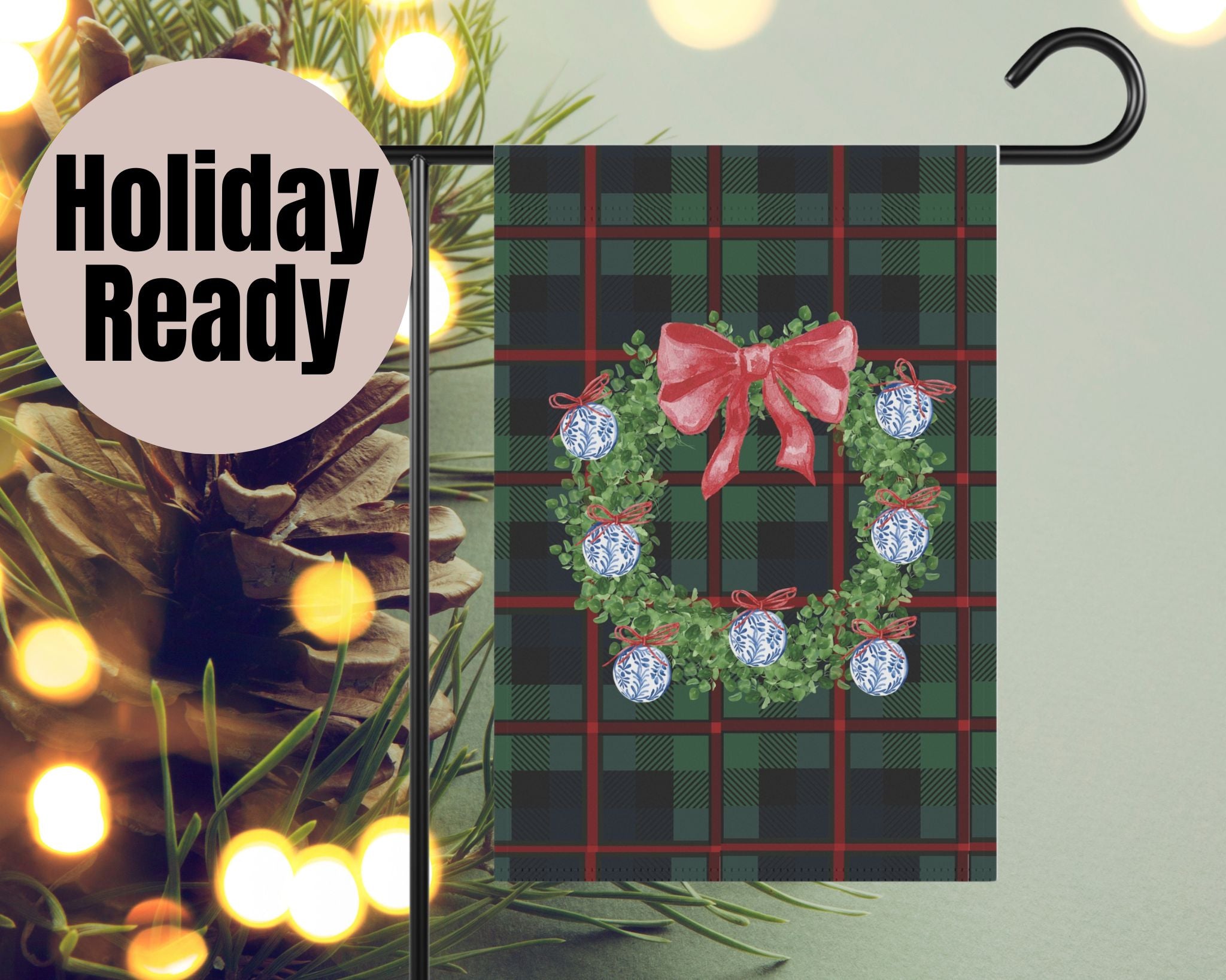 Holiday plaid wreath garden flag on stand by entryway