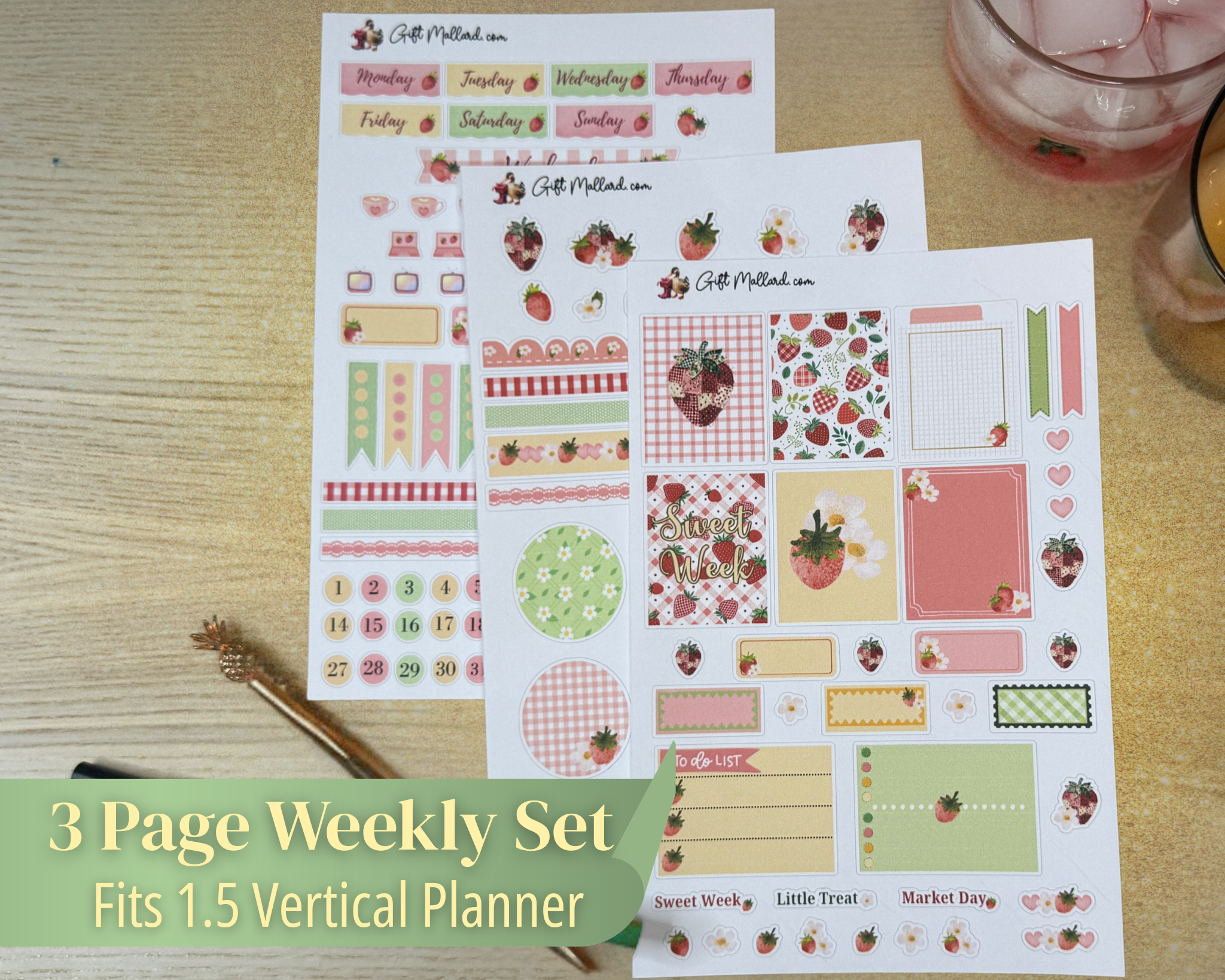 Strawberry Picnic Planner Sticker Sheets | Cozy Summer Vertical Planner Stickers