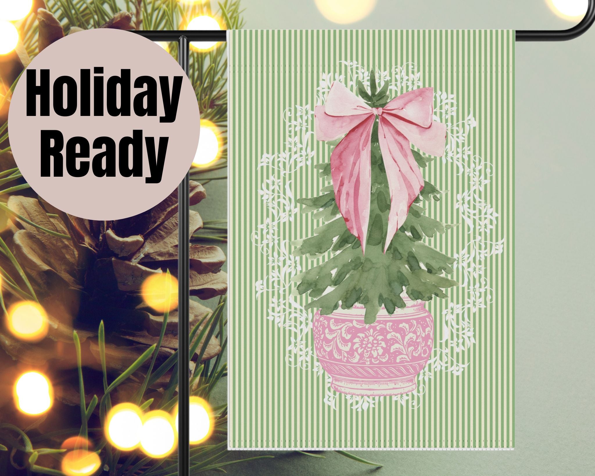 Christmas Door Flag – Topiary Pink | Outdoor House Flag, Holiday Porch Decor