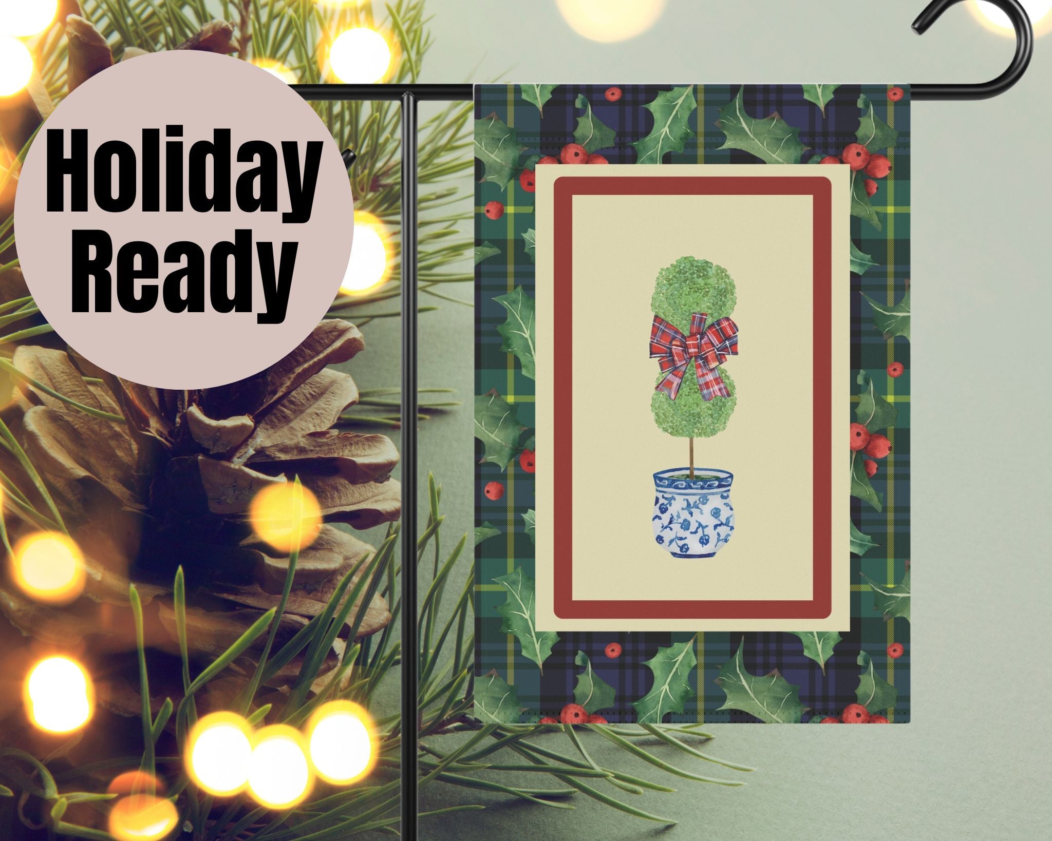 Christmas Door Flag – Holly Tartan Topiary | Outdoor House Flag, Holiday Porch Decor