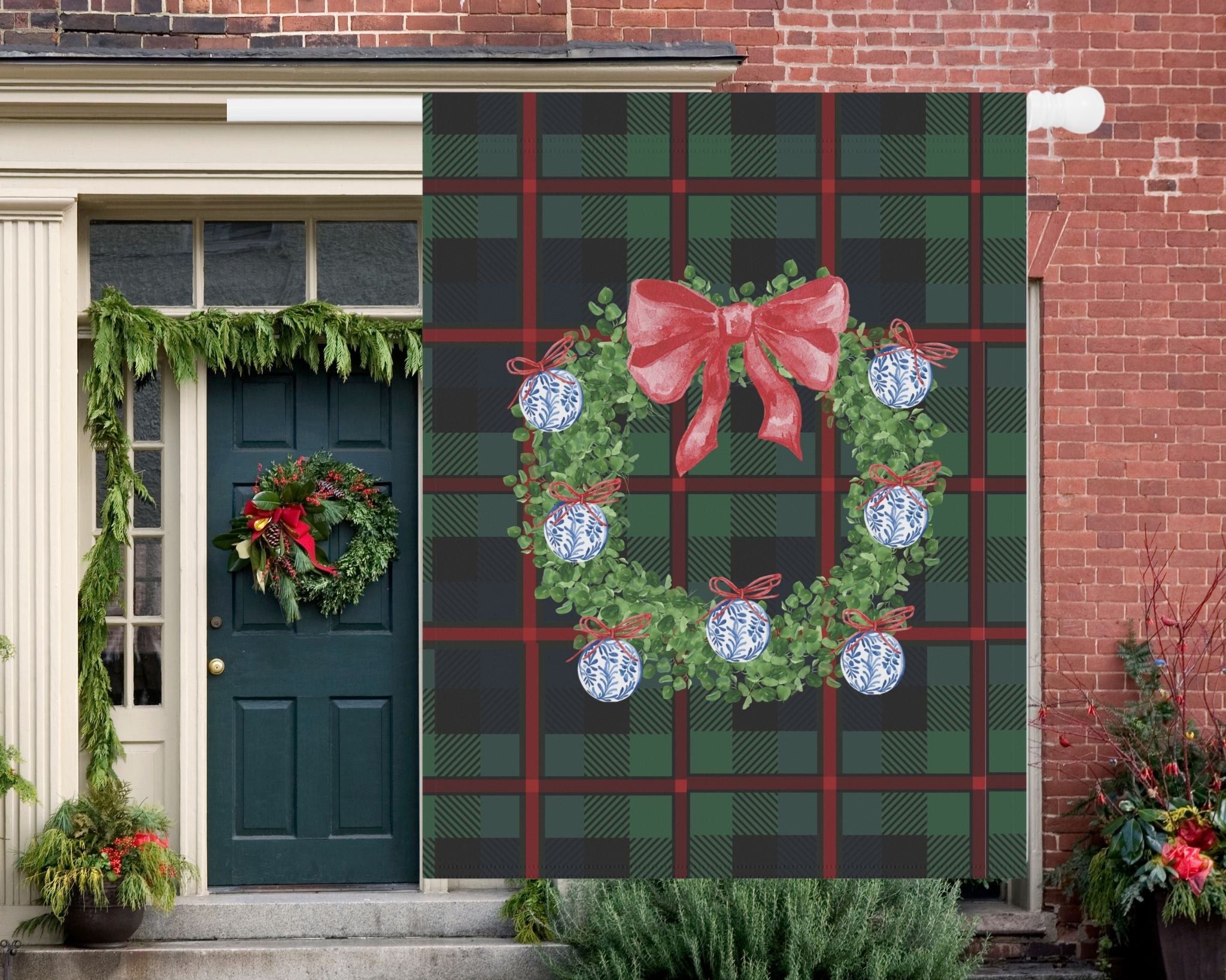 Plaid wreath Christmas garden flag on front porch