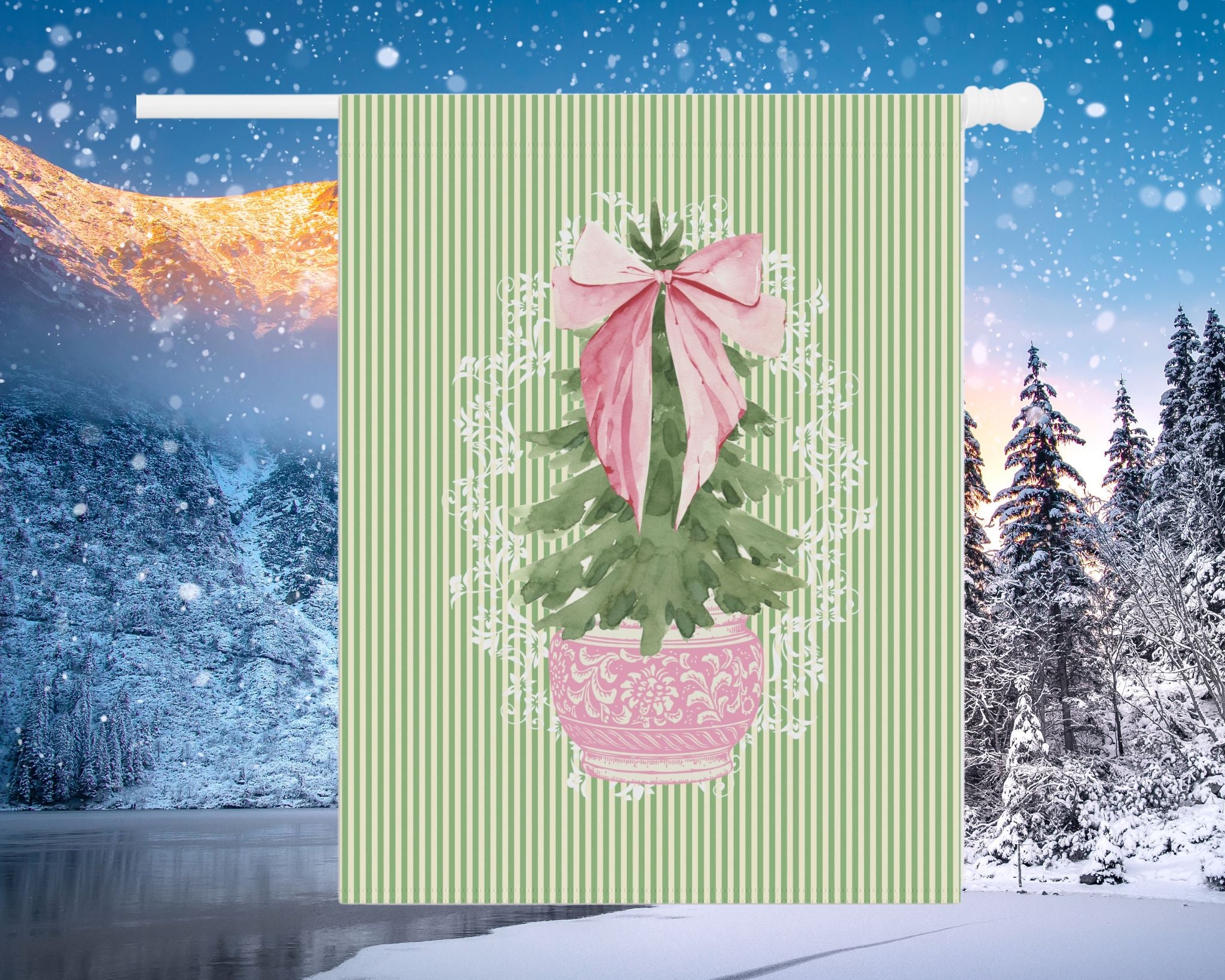 Christmas Door Flag – Topiary Pink | Outdoor House Flag, Holiday Porch Decor