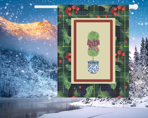 Christmas Door Flag – Holly Tartan Topiary | Outdoor House Flag, Holiday Porch Decor