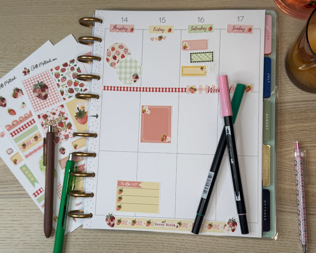 Strawberry Picnic Planner Sticker Sheets | Cozy Summer Vertical Planner Stickers