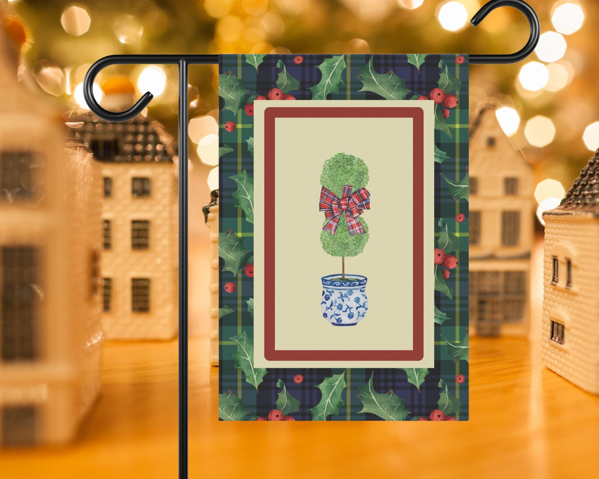 Christmas Door Flag – Holly Tartan Topiary | Outdoor House Flag, Holiday Porch Decor