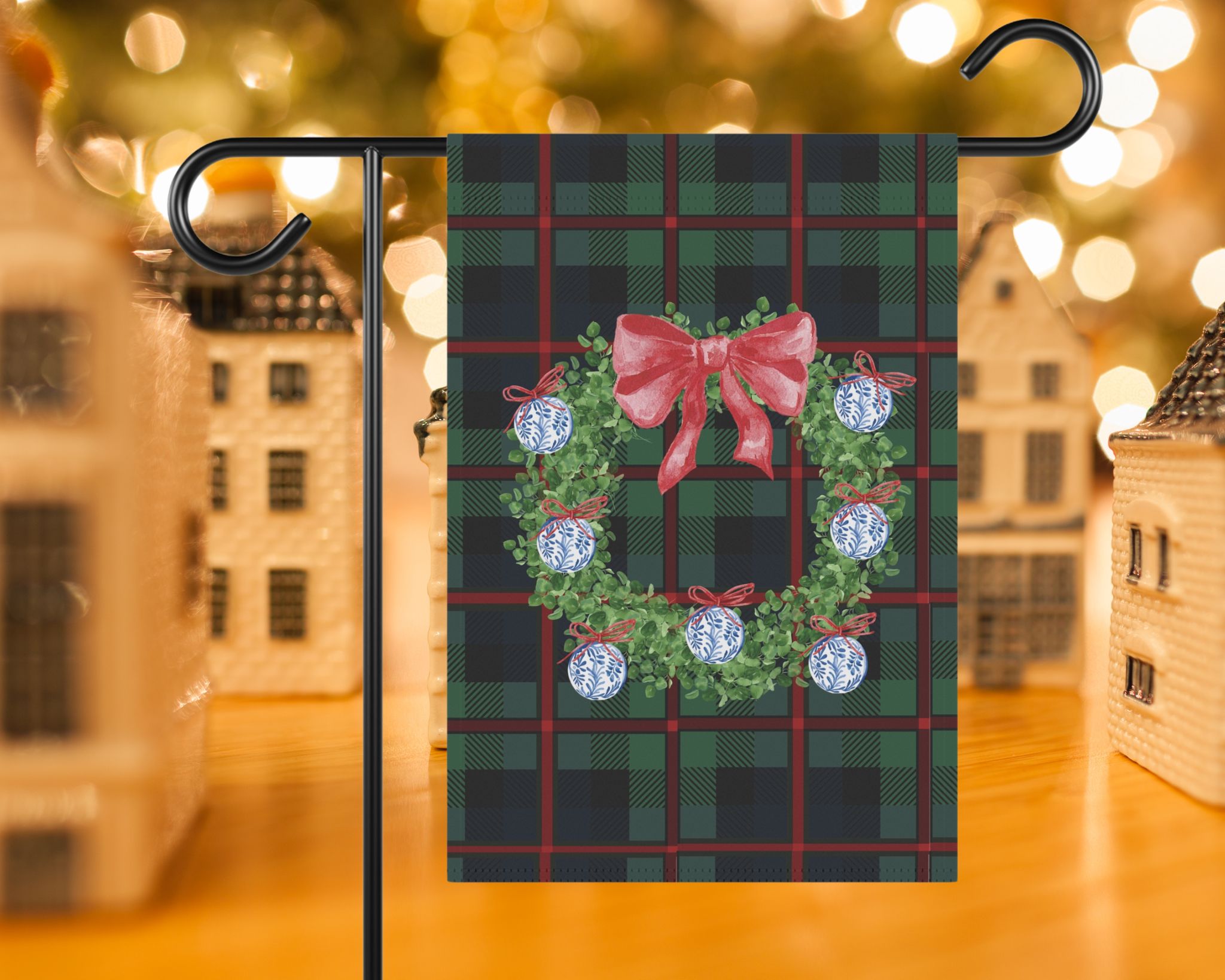 Christmas garden flag with plaid wreath, 12×18 inches