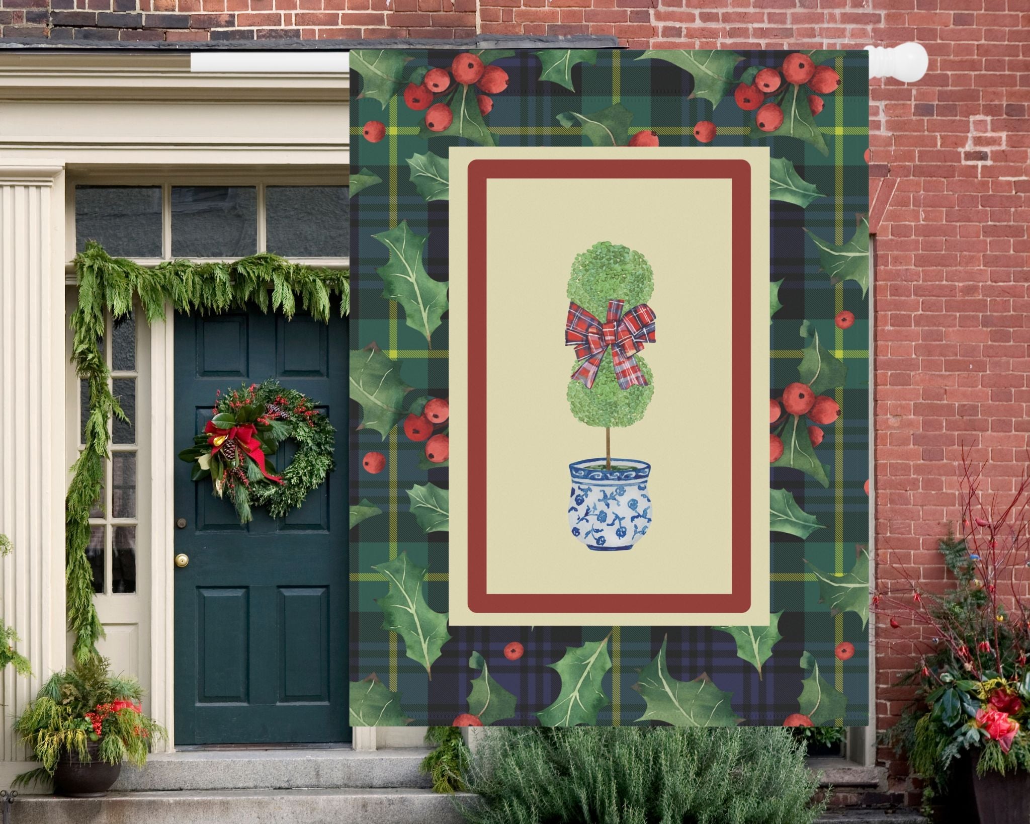 Christmas Door Flag – Holly Tartan Topiary | Outdoor House Flag, Holiday Porch Decor