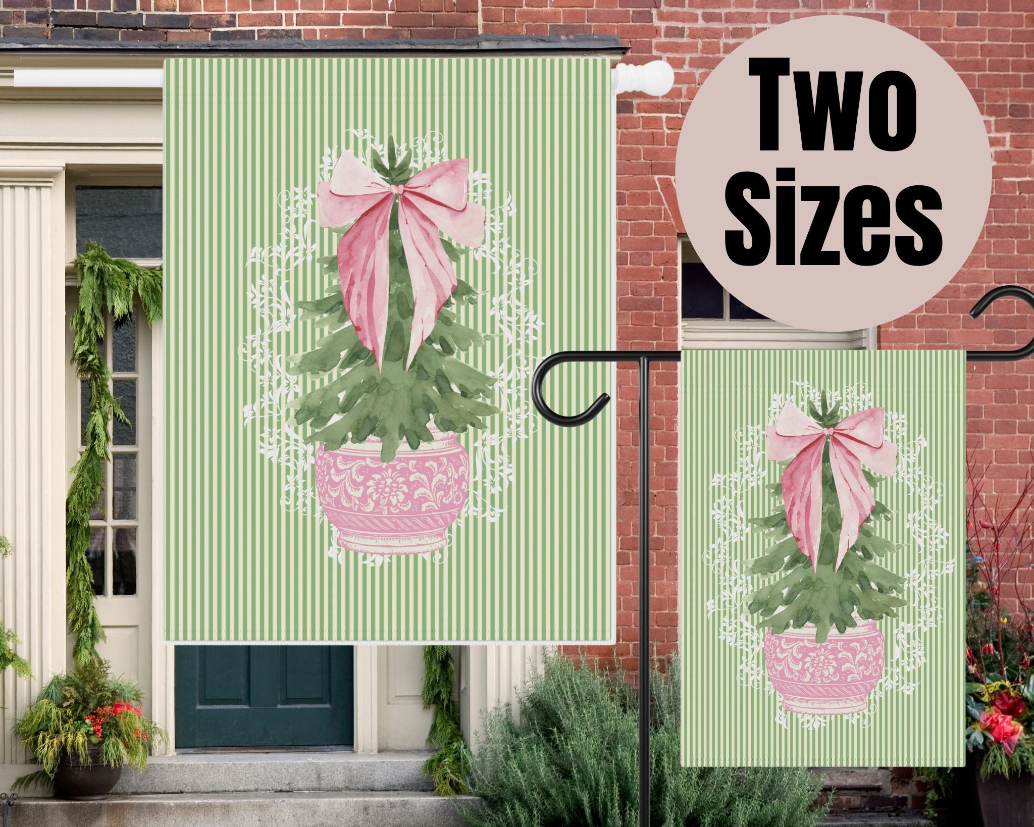 Christmas Door Flag – Topiary Pink | Outdoor House Flag, Holiday Porch Decor